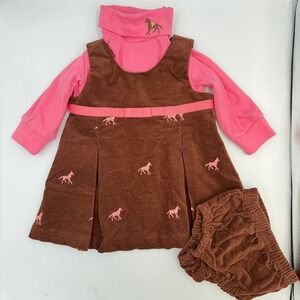 Hartstrings 12M Embroidered Horse Dress 3 Pc Set Pink Brown Baby Girl Outfit